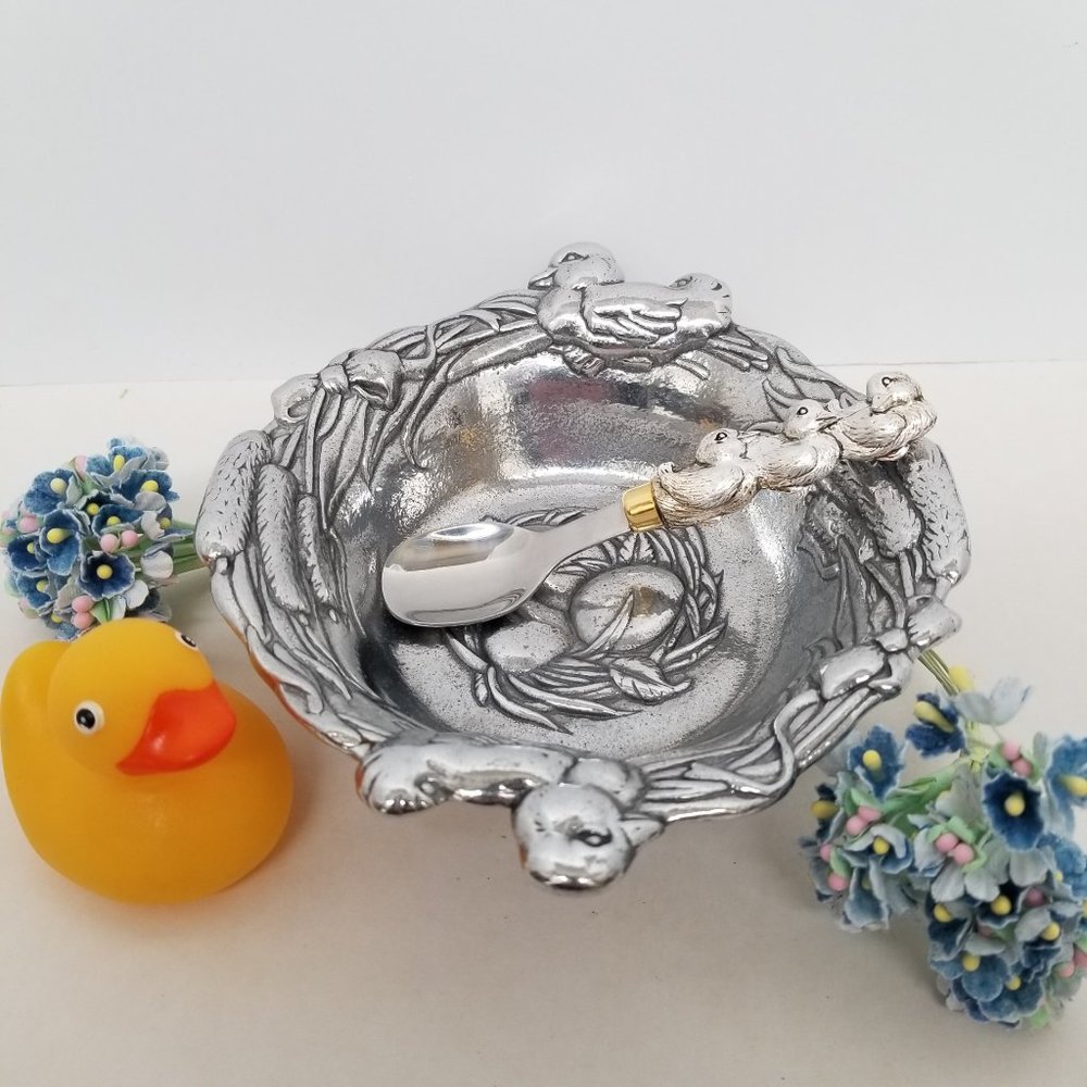 ARTHUR COURT DESIGNS BABY SPOON & BOWL SET DUCKS ALUMINUM RETIRED VINTAGE 1996